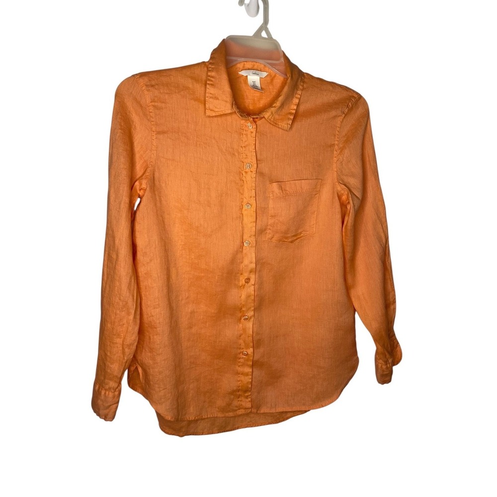 H&M Womens Orange Sherbet 100% Linen Long Sleeve Button Down Shirt Size Small
